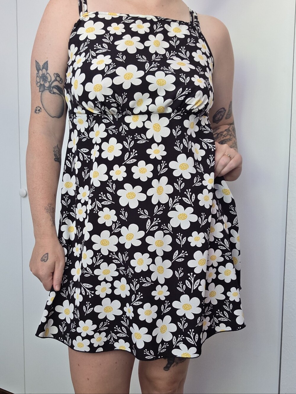 SHEIN Black Mini Sundress with White and Yellow Floral Print
